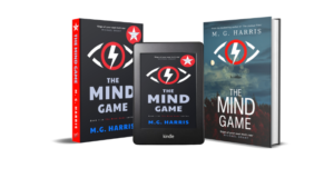 'The Mind Game' by M. G. Harris cover art for hardback, paperback and Kindlethree editions